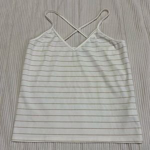 Molly Bracken White Tank W/ Criss Cross Straps and Gold Stripes